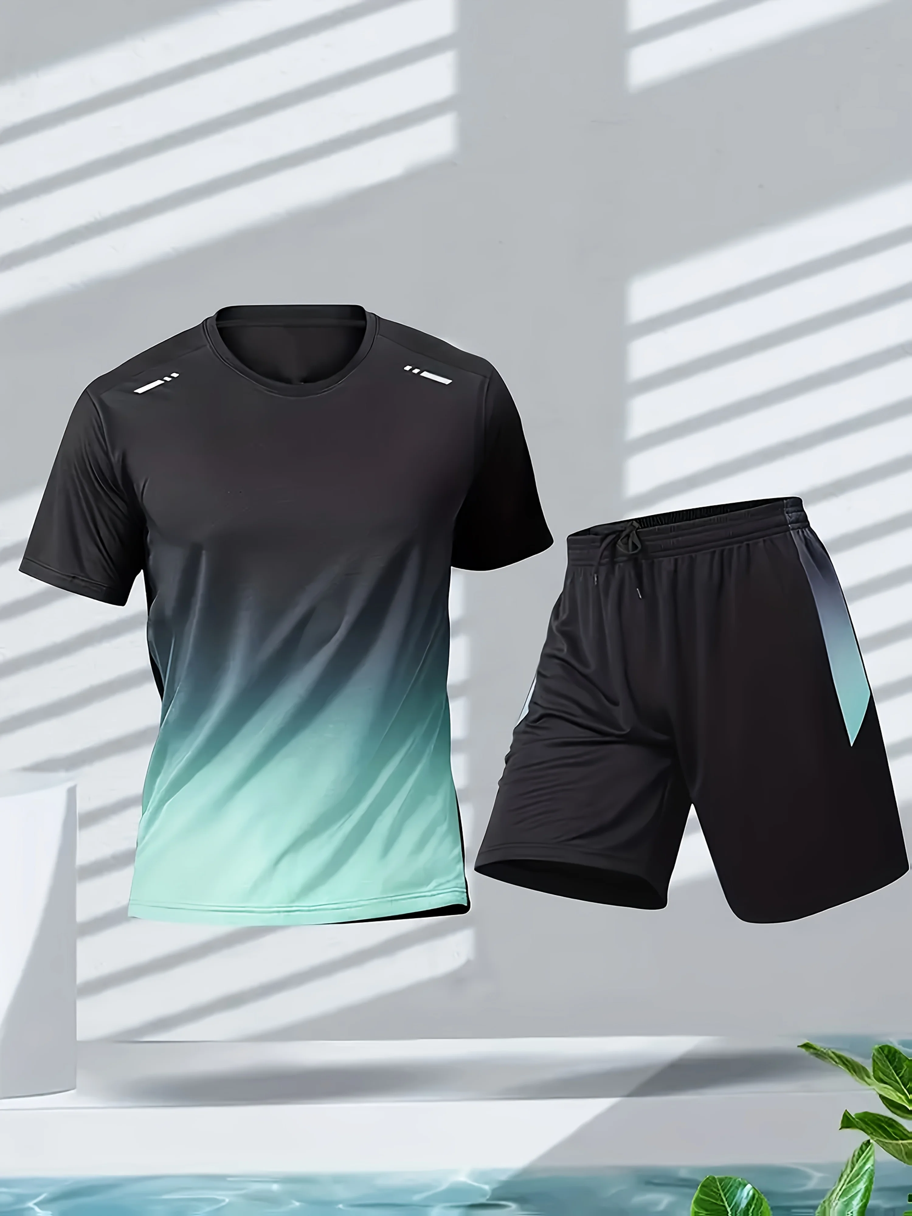 Badminton Vector - ชุดกีฬาผู้ชาย เสื้อแขนสั้นผ้าไหมน้ำแข็งและกางเกงขาสั้น ชุดวิ่ง เสื้อยืดไล่เฉดสีสำหรับเล่นปิงปองและแบดมินตันของผู้ชาย