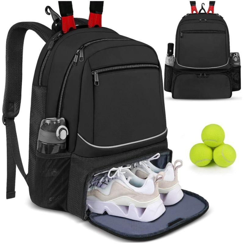 Badminton Question - กระเป๋าเป้สะพายหลังเทนนิสความจุขนาดใหญ่ กระเป๋าใส่ไม้เทนนิสสำหรับใส่ไม้เทนนิส 1-2 อัน กระเป๋าแบดมินตันกลางแจ้งพร้อมช่องใส่รองเท้า สีดำชมพู