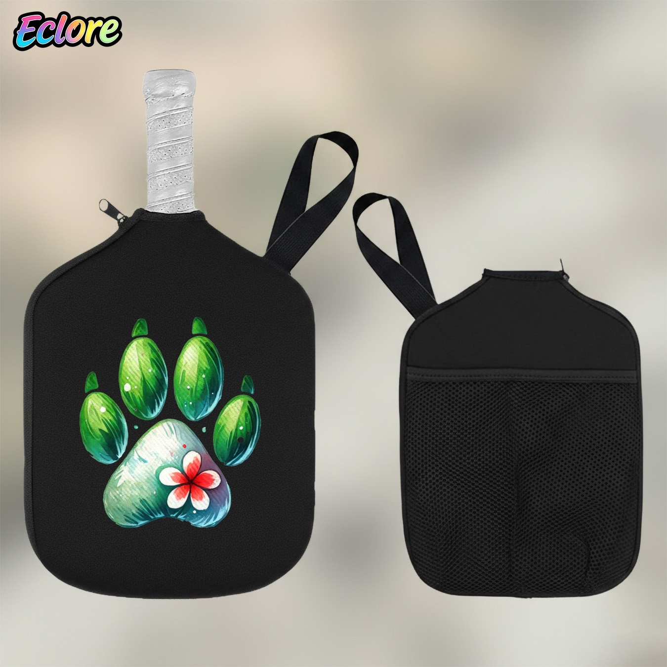 Racket Cover Bag - ปลอกไม้พายลายรอยเท้าสีน้ำเขียว, กระเป๋าใส่ไม้พายพิคเคิลบอลที่ทนทาน, กันกระแทกสำหรับคนรักกีฬา, เทเบิลเทนนิส, เทนนิส